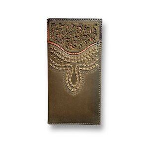 Justin Rodeo Wallet Brown Genuine Leather Tooled Western Stitch RFID Long Bifol